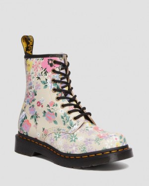 Beige Women's Dr Martens 1460 Floral Mash Up Leather Lace Up Boots | USA_Dr42129