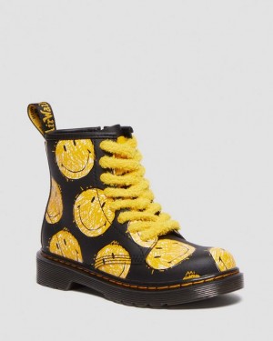 Black Kids' Dr Martens Junior 1460 Smiley® Hydro Leather Lace Up Boots | USA_Dr57137