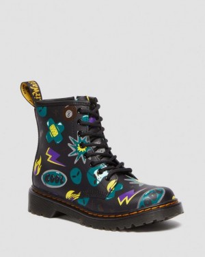 Black Kids' Dr Martens Junior 1460 Sticker Print Leather Lace Up Boots | USA_Dr90848