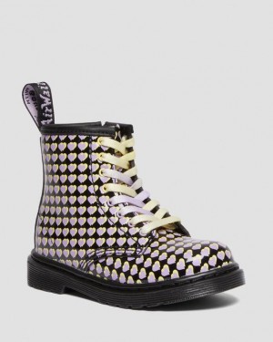 Black Kids' Dr Martens Toddler 1460 Patent Heart Printed Lace Up Boots | USA_Dr43187