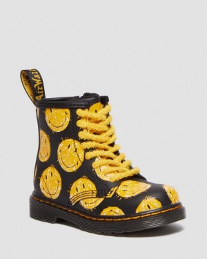 Black Kids' Dr Martens Toddler 1460 Smiley® Hydro Leather Lace Up Boots | USA_Dr32287