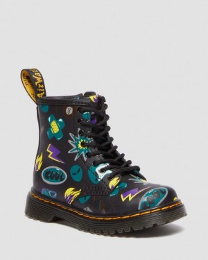 Black Kids' Dr Martens Toddler 1460 Sticker Print Leather Lace Up Boots | USA_Dr93317