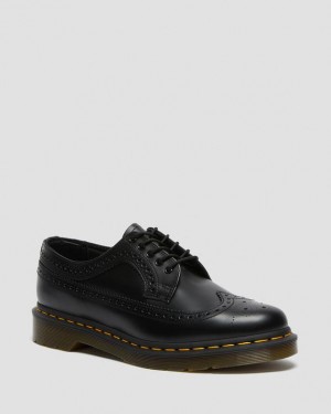 Black Men's Dr Martens 3989 Yellow Stitch Smooth Leather Brogue Shoes | USA_Dr24829