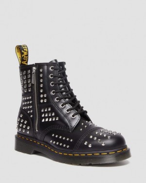 Black Women's Dr Martens 1460 Studded Zip Atlas Leather Lace Up Boots | USA_Dr55813