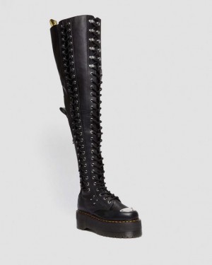 Black Women's Dr Martens 28-Eye Extreme Max Virginia Leather Knee High Boots | USA_Dr46893