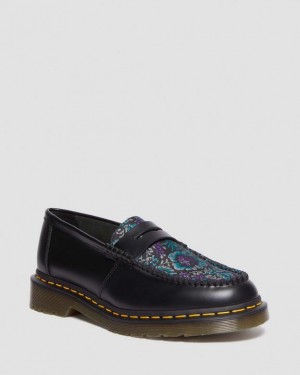 Black Women's Dr Martens Penton Floral Jacquard Loafers Shoes | USA_Dr68657