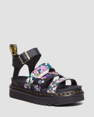 Black / Pink Women's Dr Martens Blaire Vintage Floral Leather Strap Sandals | USA_Dr27066