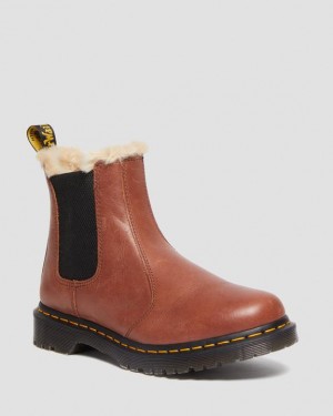 Brown Women's Dr Martens 2976 Leonore Women's Faux Fur-Lined Chelsea Boots | USA_Dr65142