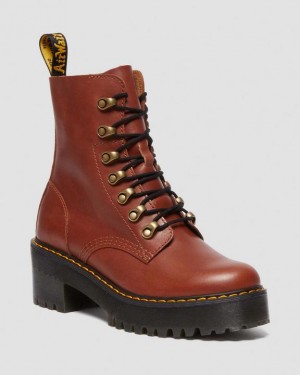 Brown Women's Dr Martens Leona Women's Farrier Leather Heeled Boots | USA_Dr45221