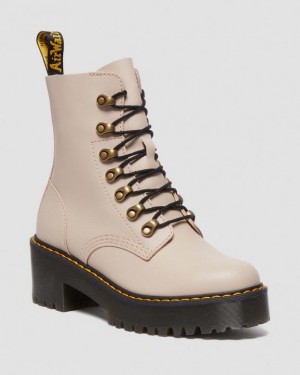 Grey Brown Women's Dr Martens Leona Women's Sendal Leather Heeled Boots | USA_Dr96469