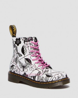 White Kids' Dr Martens Junior 1460 Meadow Print Leather Lace Up Boots | USA_Dr74489