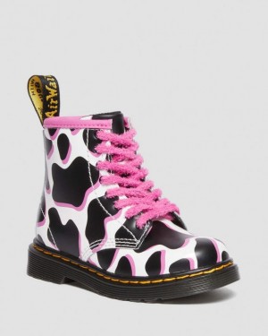 White Kids' Dr Martens Toddler 1460 Cow Print Patent Leather Lace Up Boots | USA_Dr39190