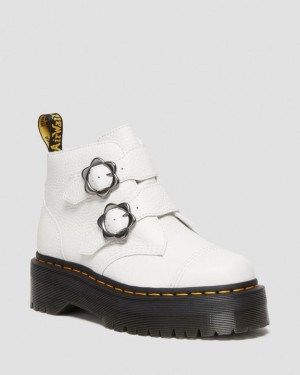 White Women's Dr Martens Devon Flower Buckle Leather Platform Boots | USA_Dr52759