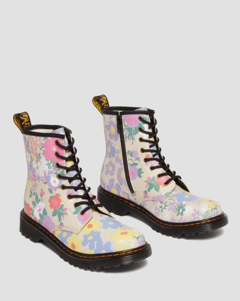 Beige Kids' Dr Martens Youth 1460 Floral Mash Up Leather Lace Up Boots | USA_Dr42254