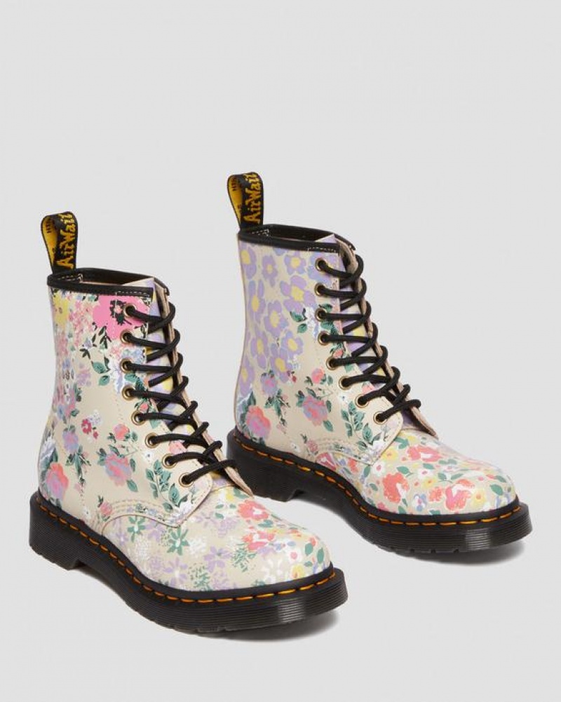 Beige Women's Dr Martens 1460 Floral Mash Up Leather Lace Up Boots | USA_Dr42129