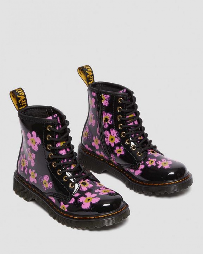 Black Kids' Dr Martens Junior 1460 Pansy Patent Leather Lace Up Boots | USA_Dr91777