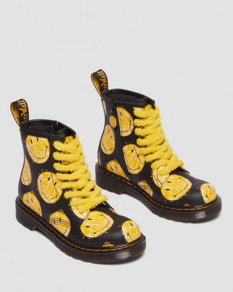 Black Kids' Dr Martens Junior 1460 Smiley® Hydro Leather Lace Up Boots | USA_Dr57137