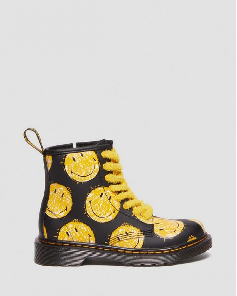 Black Kids' Dr Martens Junior 1460 Smiley® Hydro Leather Lace Up Boots | USA_Dr57137