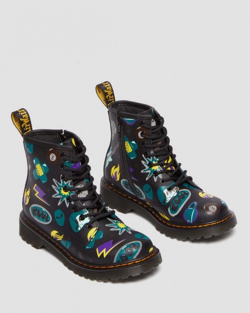 Black Kids' Dr Martens Junior 1460 Sticker Print Leather Lace Up Boots | USA_Dr90848