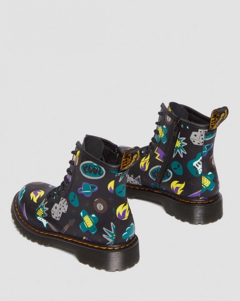 Black Kids' Dr Martens Junior 1460 Sticker Print Leather Lace Up Boots | USA_Dr90848