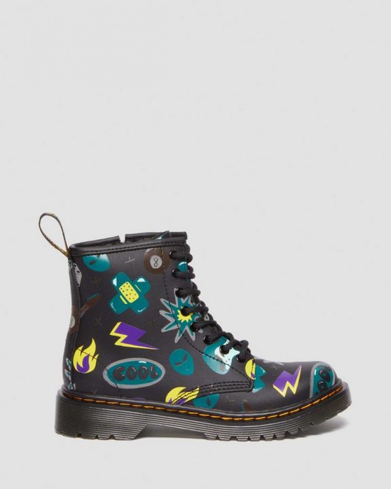 Black Kids' Dr Martens Junior 1460 Sticker Print Leather Lace Up Boots | USA_Dr90848