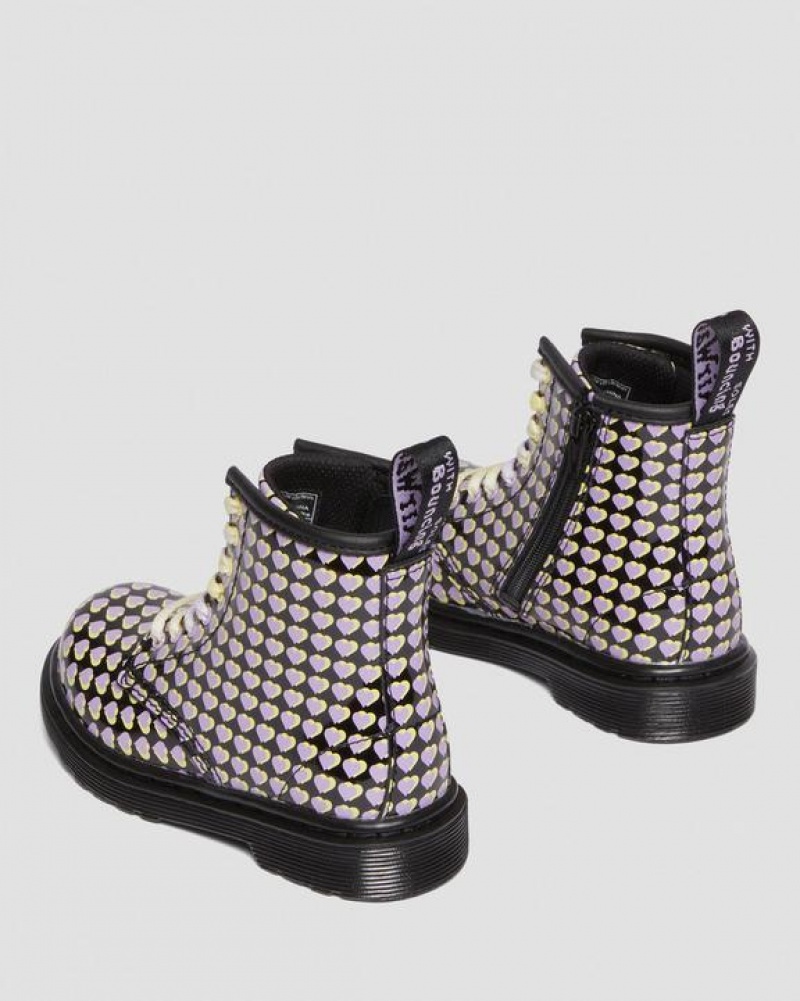 Black Kids' Dr Martens Toddler 1460 Patent Heart Printed Lace Up Boots | USA_Dr43187