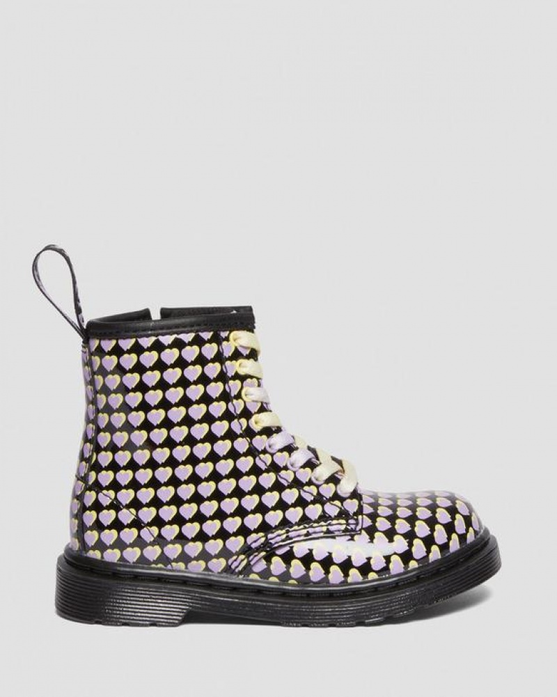 Black Kids' Dr Martens Toddler 1460 Patent Heart Printed Lace Up Boots | USA_Dr43187