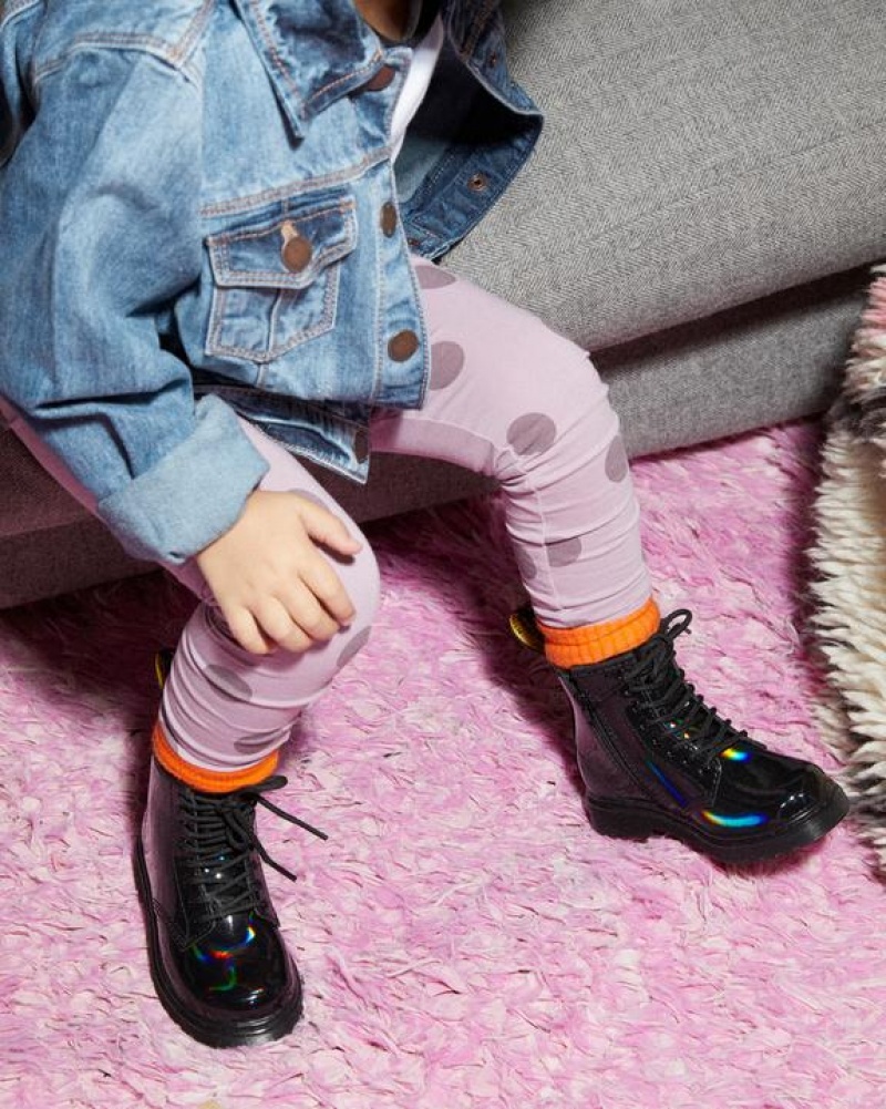 Black Kids' Dr Martens Toddler 1460 Rainbow Patent Leather Lace Up Boots | USA_Dr73957