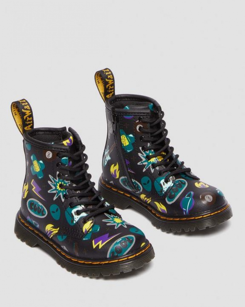 Black Kids' Dr Martens Toddler 1460 Sticker Print Leather Lace Up Boots | USA_Dr93317