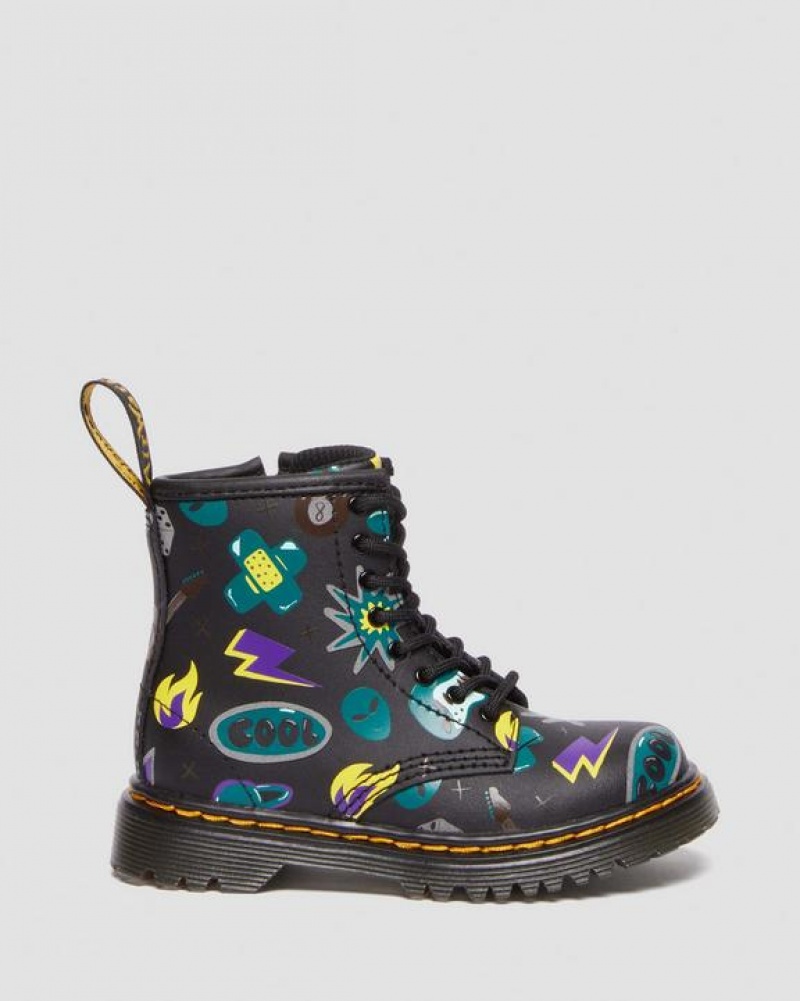 Black Kids' Dr Martens Toddler 1460 Sticker Print Leather Lace Up Boots | USA_Dr93317