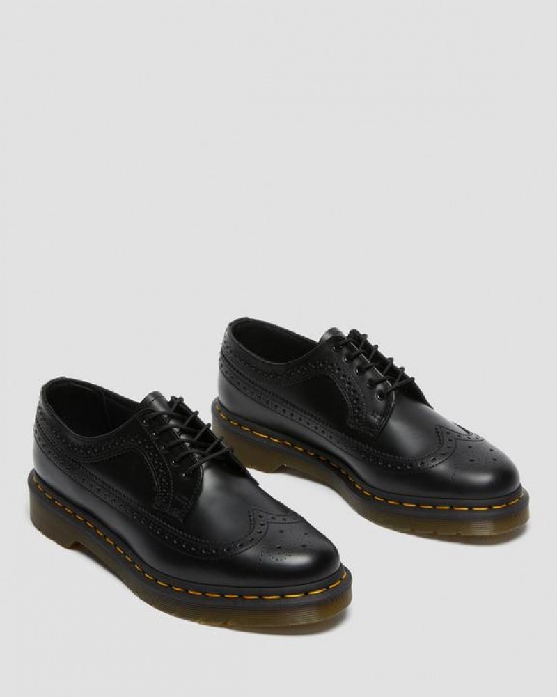 Black Men's Dr Martens 3989 Yellow Stitch Smooth Leather Brogue Shoes | USA_Dr24829