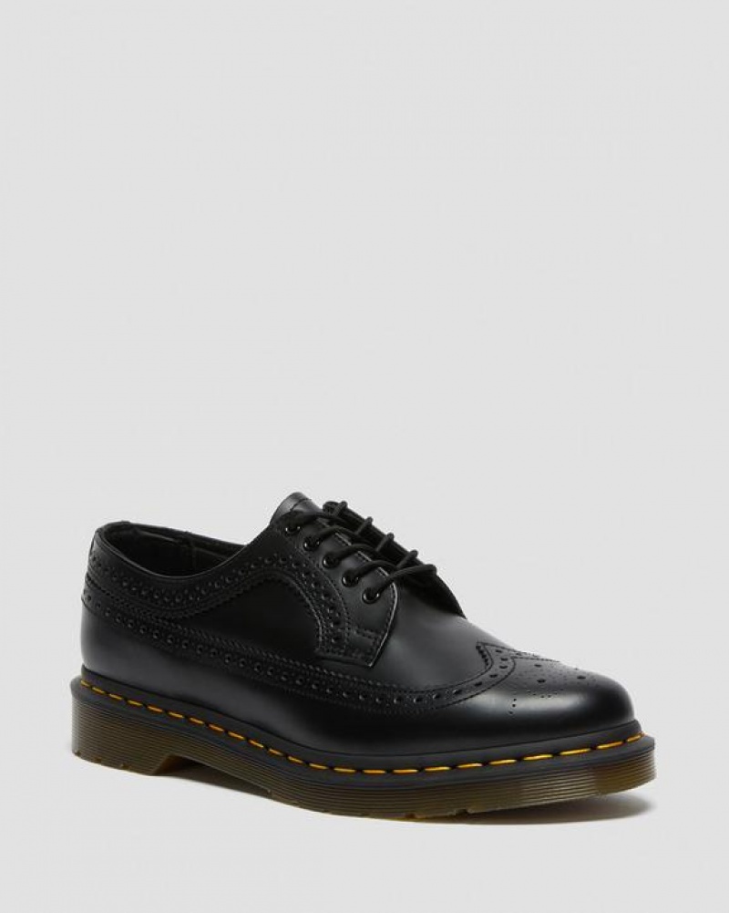 Black Men\'s Dr Martens 3989 Yellow Stitch Smooth Leather Brogue Shoes | USA_Dr24829