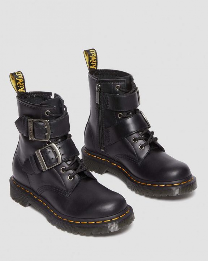 Black Women's Dr Martens 1460 Buckle Pull Up Leather Lace Up Boots | USA_Dr33235