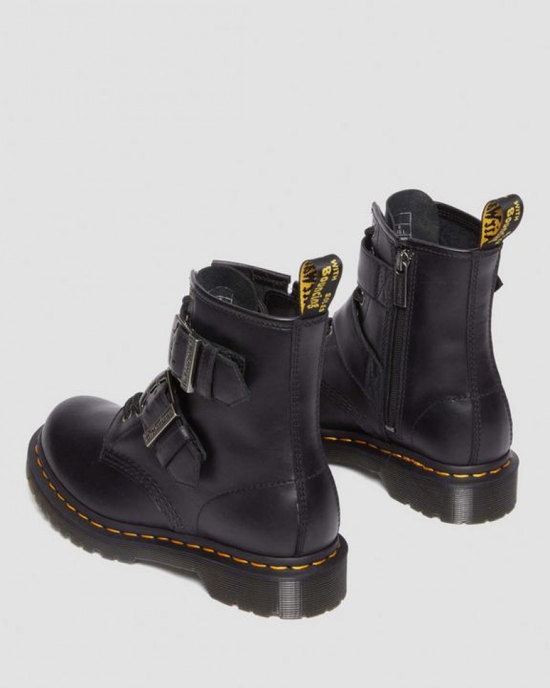 Black Women's Dr Martens 1460 Buckle Pull Up Leather Lace Up Boots | USA_Dr33235