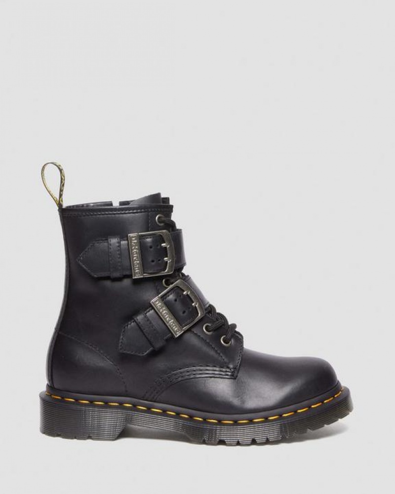 Black Women's Dr Martens 1460 Buckle Pull Up Leather Lace Up Boots | USA_Dr33235