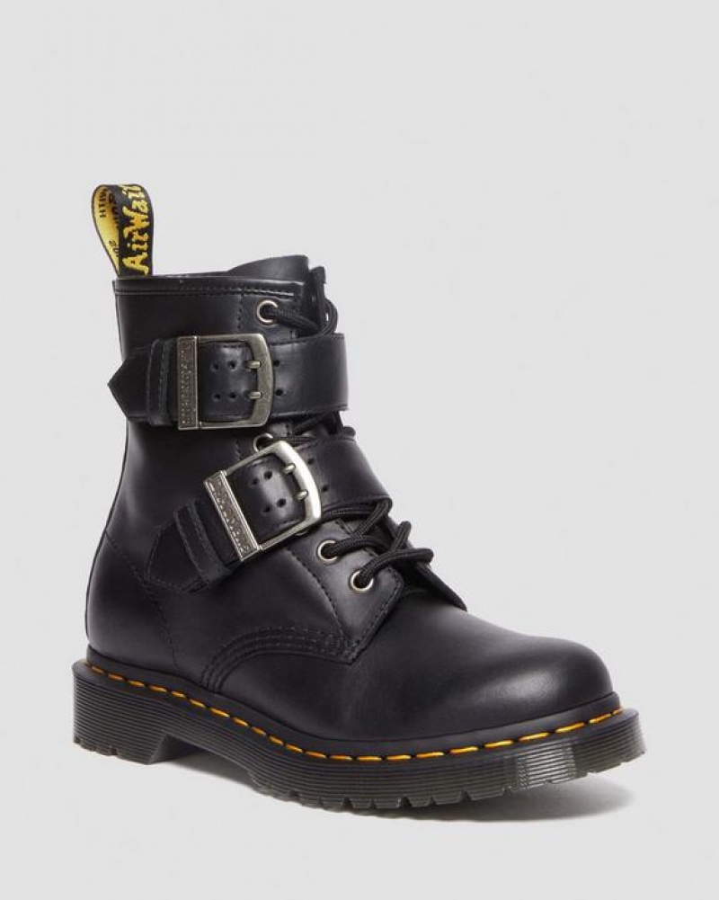 Black Women\'s Dr Martens 1460 Buckle Pull Up Leather Lace Up Boots | USA_Dr33235