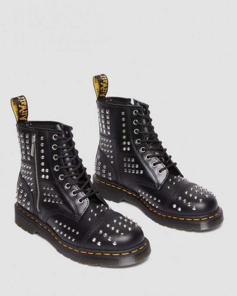 Black Women's Dr Martens 1460 Studded Zip Atlas Leather Lace Up Boots | USA_Dr55813