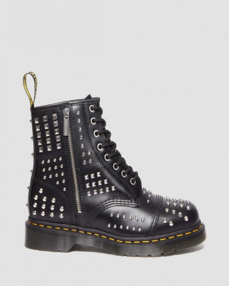 Black Women's Dr Martens 1460 Studded Zip Atlas Leather Lace Up Boots | USA_Dr55813