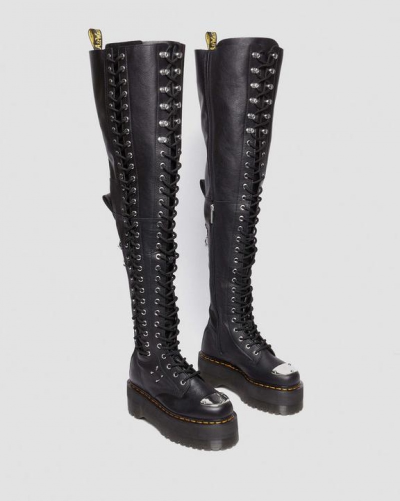 Black Women's Dr Martens 28-Eye Extreme Max Virginia Leather Knee High Boots | USA_Dr46893