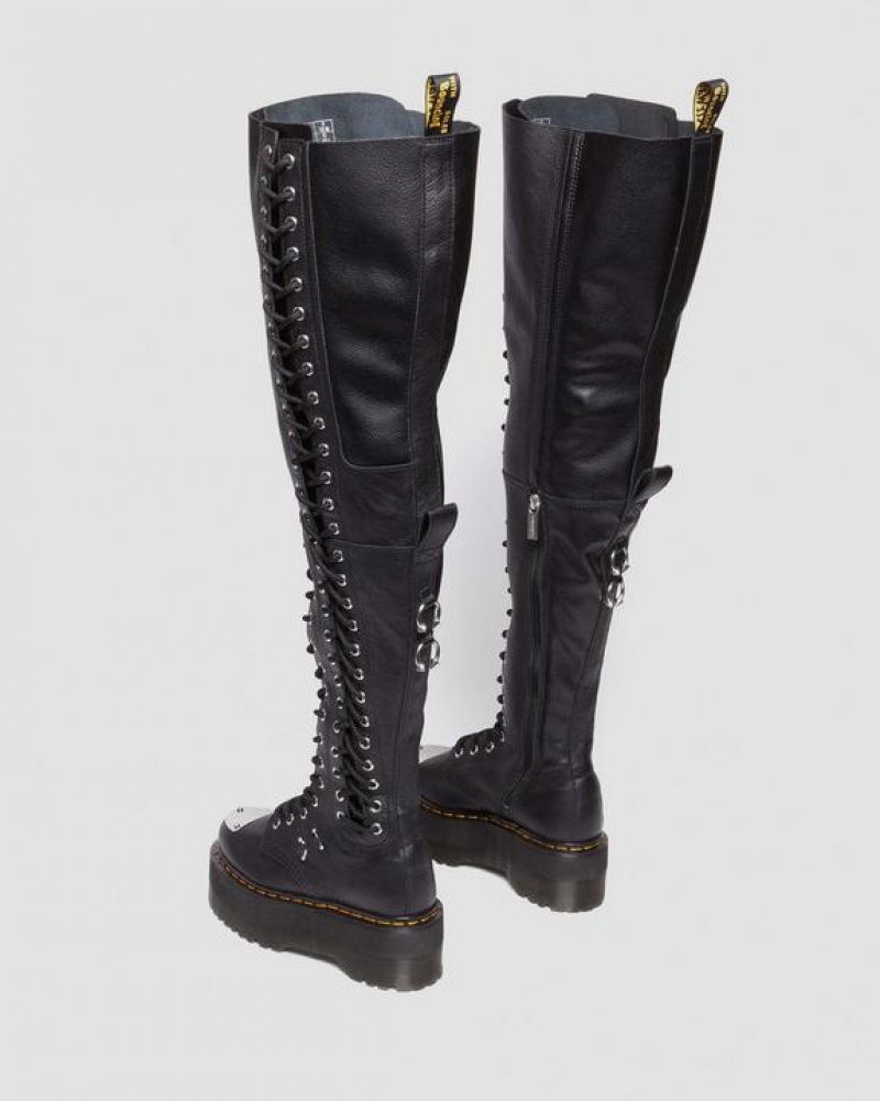 Black Women's Dr Martens 28-Eye Extreme Max Virginia Leather Knee High Boots | USA_Dr46893