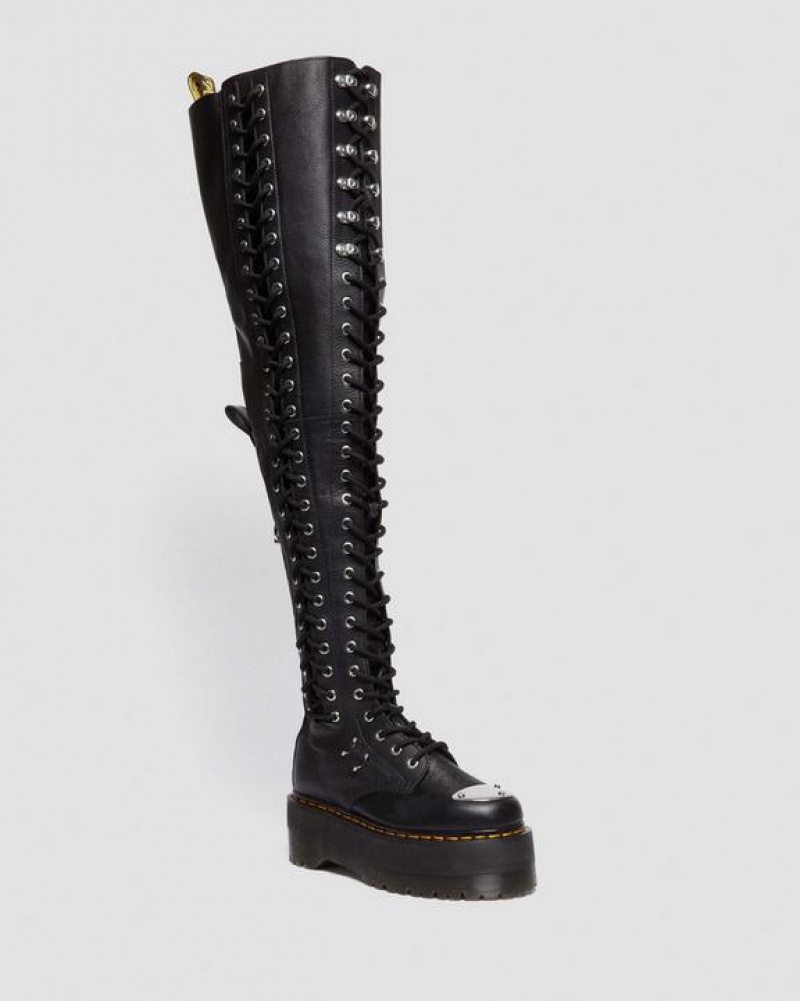 Black Women\'s Dr Martens 28-Eye Extreme Max Virginia Leather Knee High Boots | USA_Dr46893