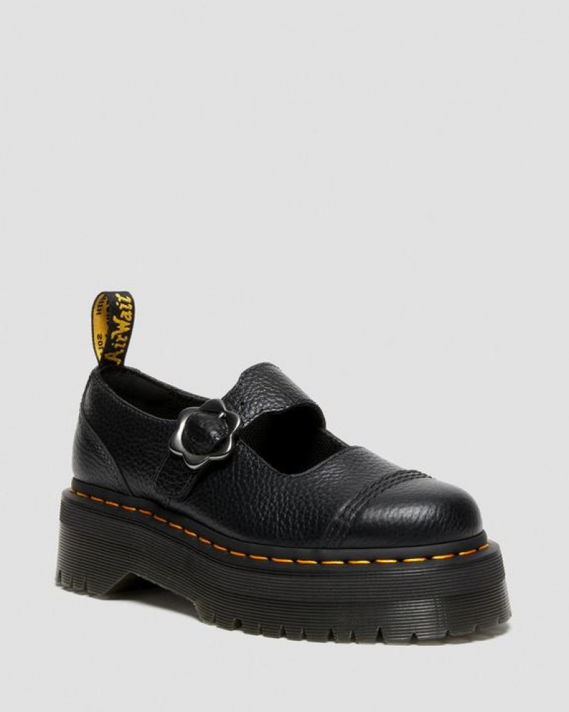 Black Women\'s Dr Martens Addina Flower Buckle Leather Platform Shoes | USA_Dr54079