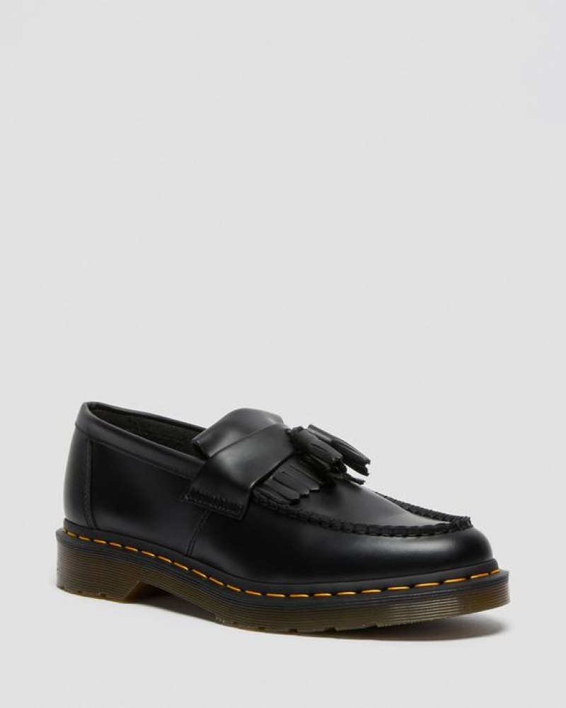 Black Women\'s Dr Martens Adrian Yellow Stitch Leather Tassel Loafers Shoes | USA_Dr95280