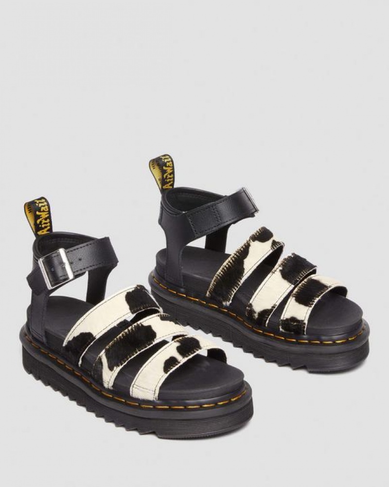 Black Women's Dr Martens Blaire Hair-On Cow Print Strap Sandals | USA_Dr22863