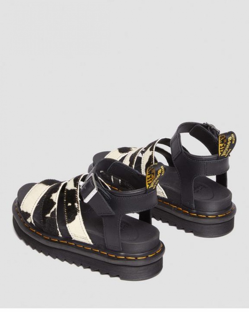 Black Women's Dr Martens Blaire Hair-On Cow Print Strap Sandals | USA_Dr22863