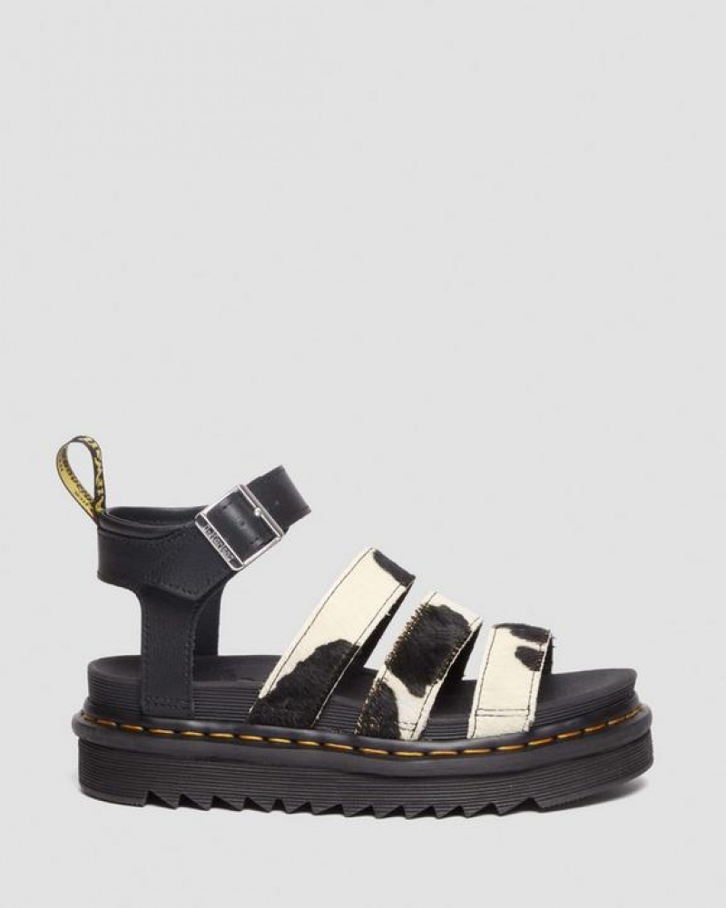 Black Women's Dr Martens Blaire Hair-On Cow Print Strap Sandals | USA_Dr22863