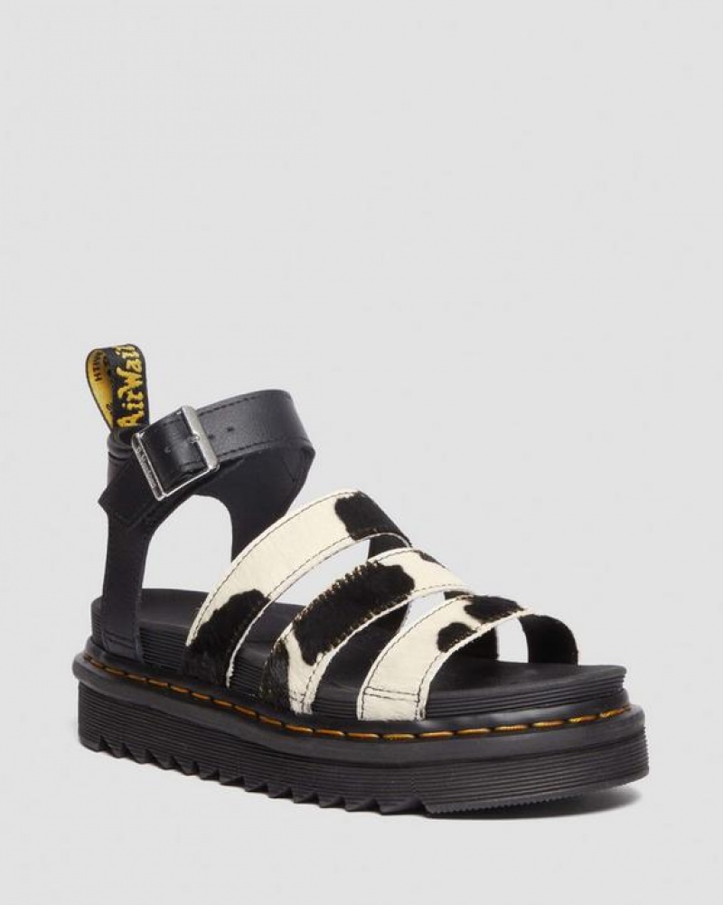 Black Women\'s Dr Martens Blaire Hair-On Cow Print Strap Sandals | USA_Dr22863