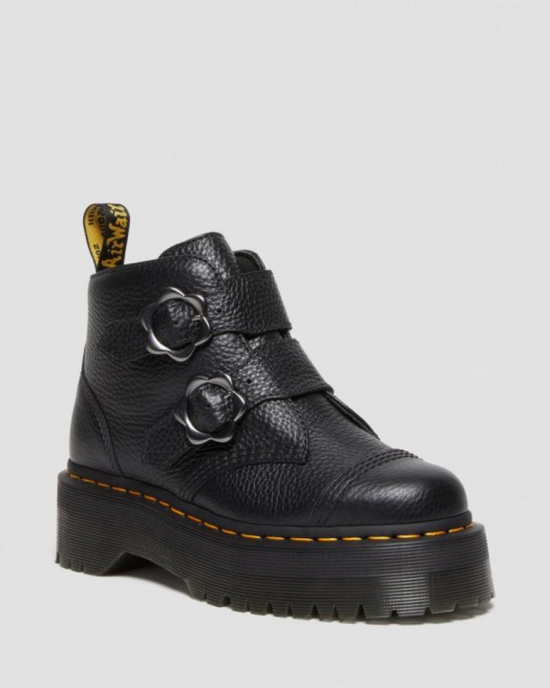 Black Women\'s Dr Martens Devon Flower Buckle Leather Platform Shoes | USA_Dr14632