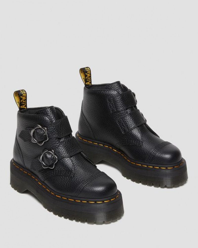 Black Women's Dr Martens Devon Flower Buckle Leather Platform Boots | USA_Dr72810