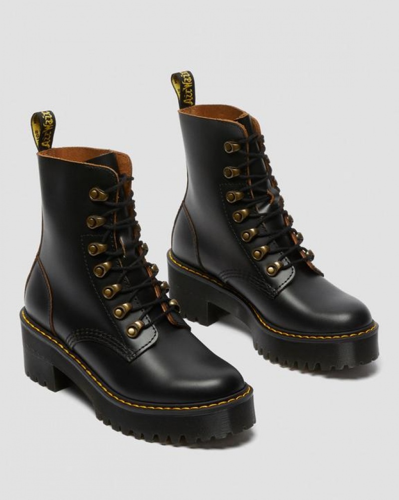 Black Women's Dr Martens Leona Women's Vintage Smooth Leather Heeled Boots | USA_Dr15037